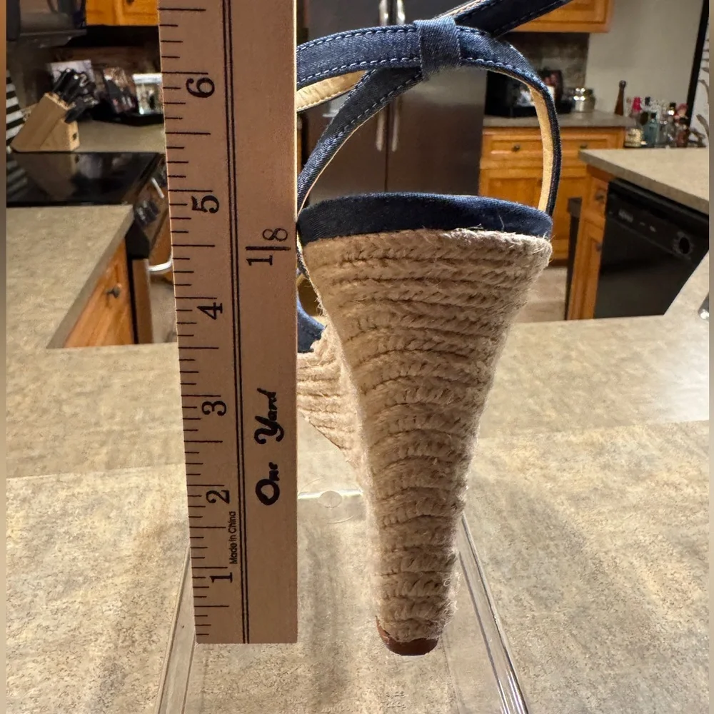 EUC Victoria's Secret ESPADRILLE NAVY CANVAS ANKLE STRAP WEDGE SANDAL …